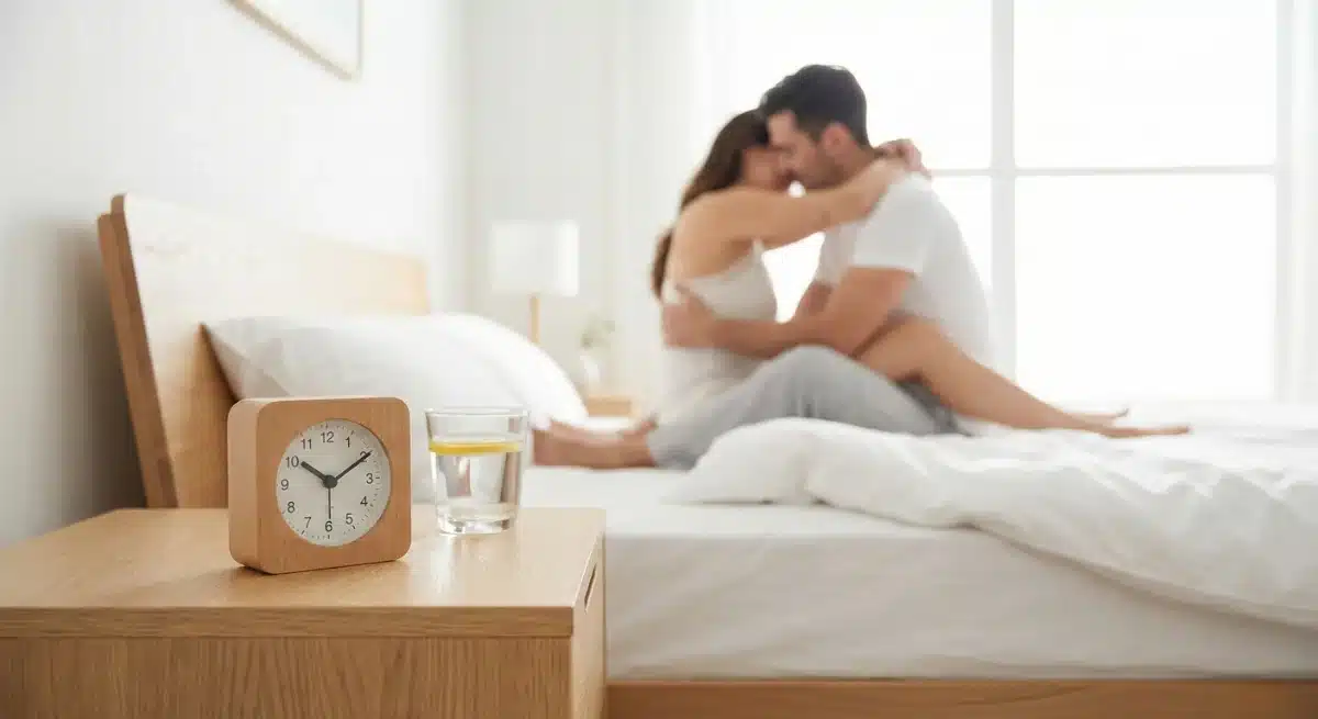גבר ואישה על המיטה ושעון מעורר וכוס מים על שידה ליד