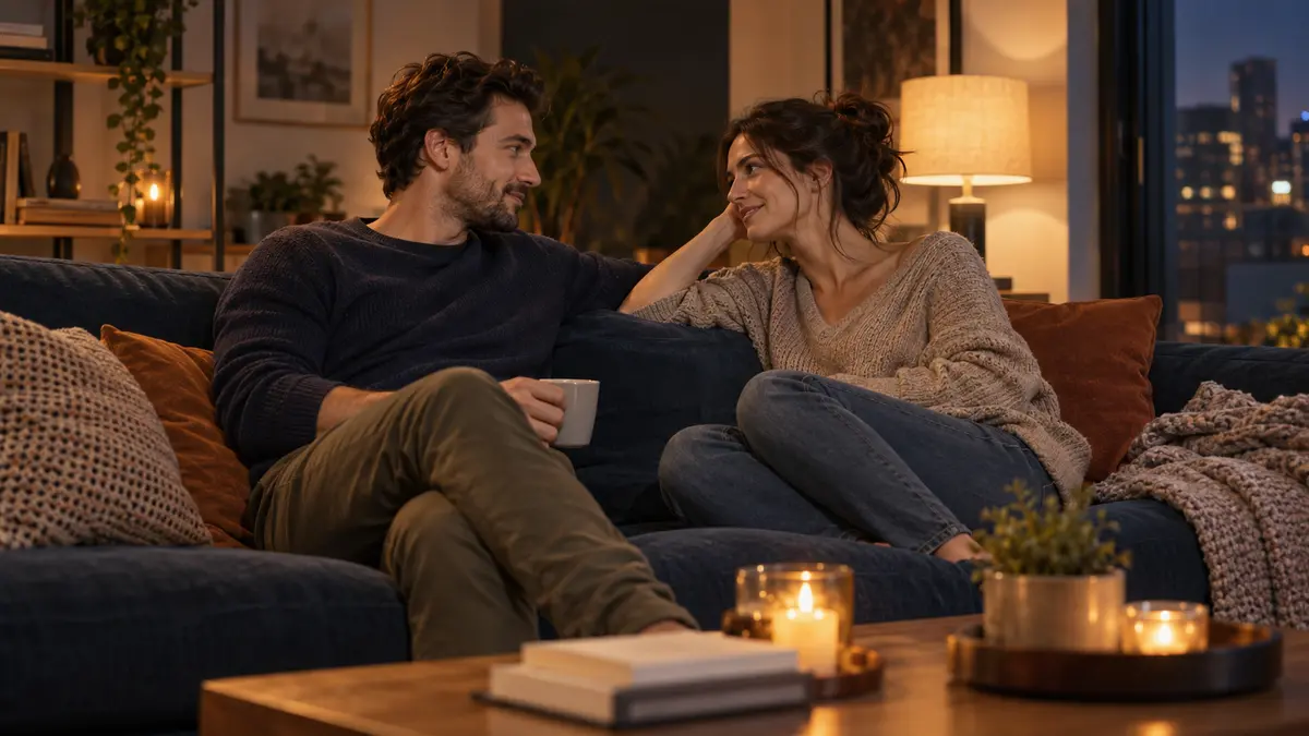 זוג משוחח בפתיחות על פנטזיות ונושאים אינטימיים באווירה רגועה